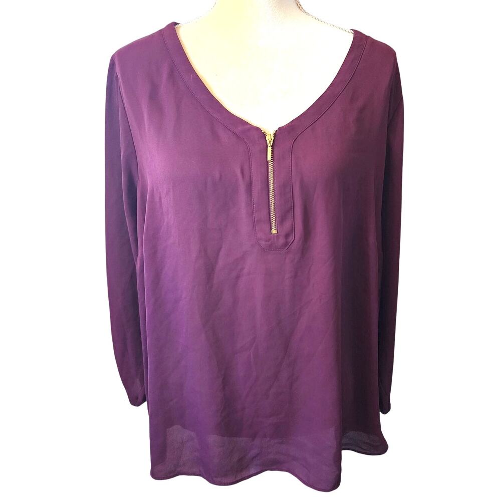 Worthington Purple Front Zip Cinched 3/4 Sleeves Plus Size 1X